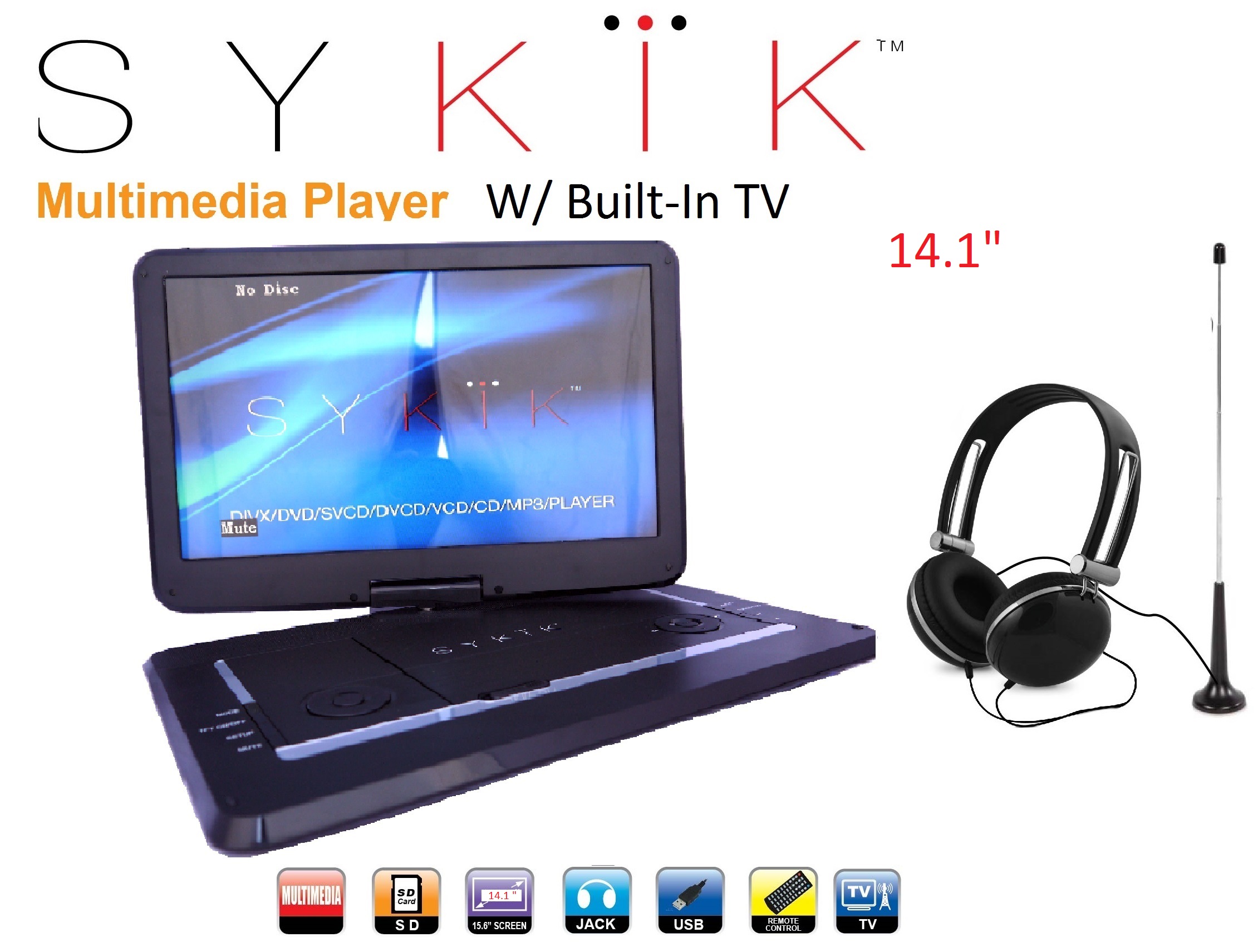 14.1'' Inch TV /portable DVD All Multi Region all zones HD Swive